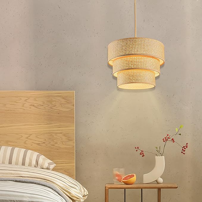 Plug in Pendant Light, Hanging Lamp with Dimmable Switch, Rattan Pendant Light Fixtures with 15 Ft Cord, Boho Lamp with Dark Yellow Shade for Bedroom, Kitchen, Living Room