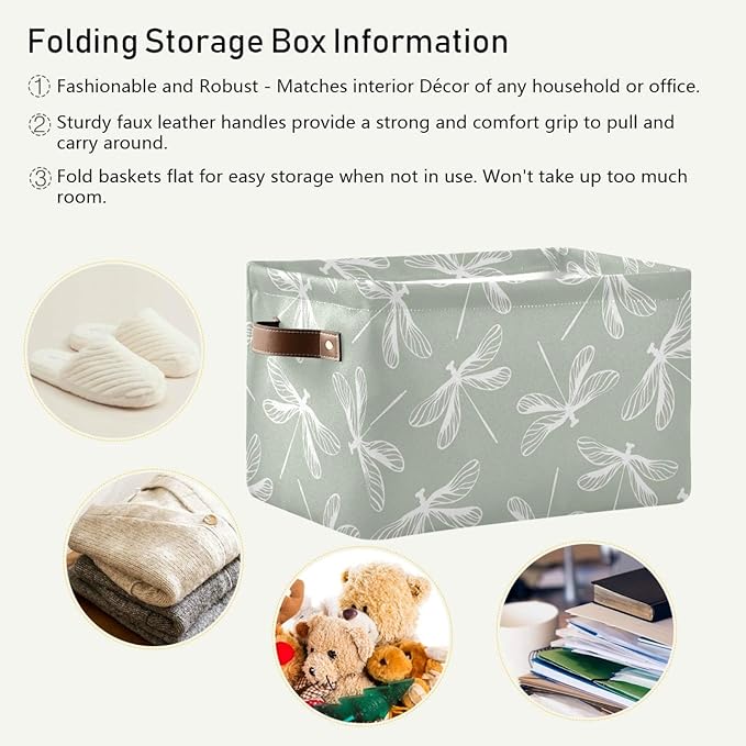 susiyo Large Foldable Storage Bin Dragonflies Fabric Storage Baskets Collapsible Decorative Baskets Organizing Basket Bin with PU Handles for Shelves Home Closet Bedroom Living Room-2Pack