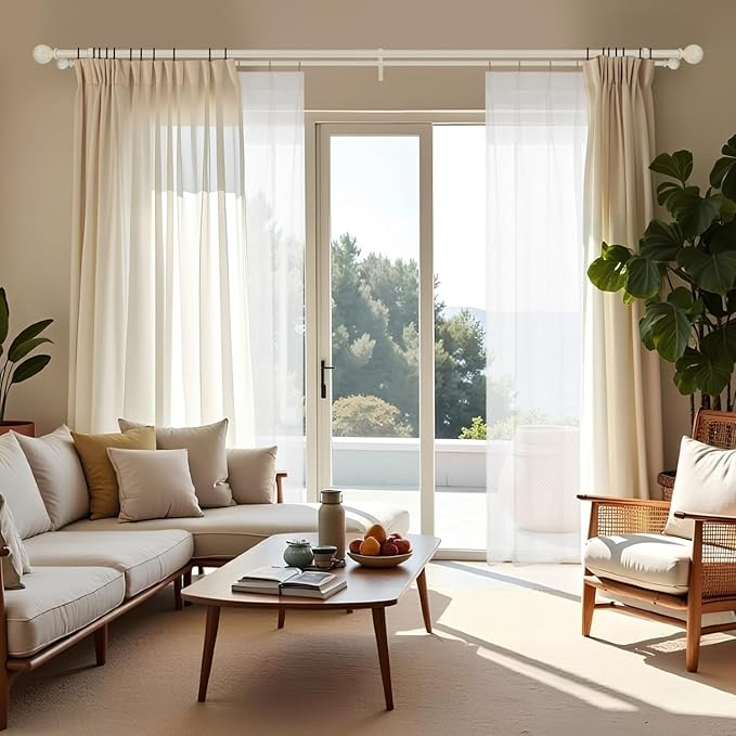 White Wood Grain Window Rods, Double Curtain Rod 72-144” Telescoping Length 1Inch Diameter Front Poles and 5/8Inch Diameter Back Poles