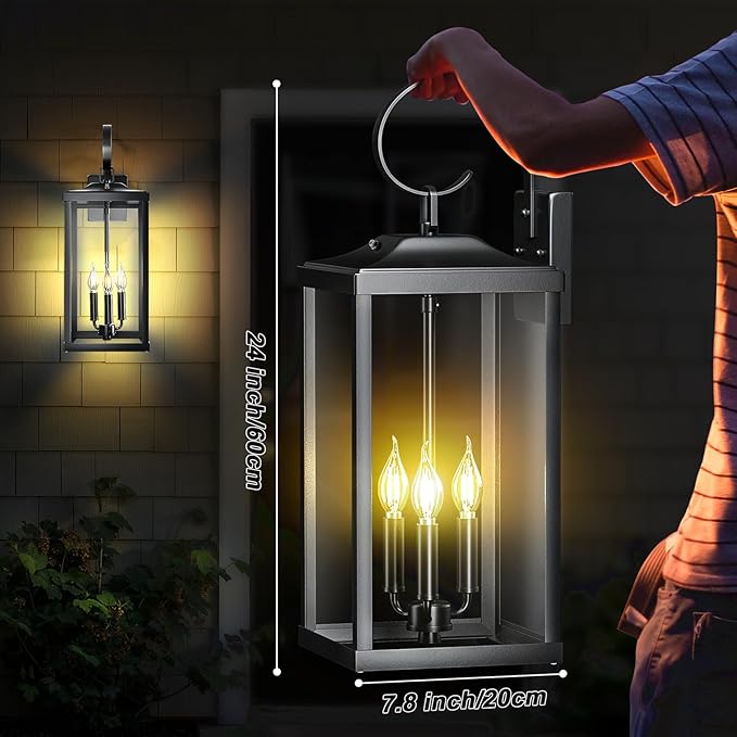 24" Extra Large Dusk to Dawn Outdoor Wall Light, Black 3-Light Waterproof Exterior Wall Mount Porch Lantern, Modern Outside Wall Sconce Coach Light with Clear Glass, E12, 1-Pack