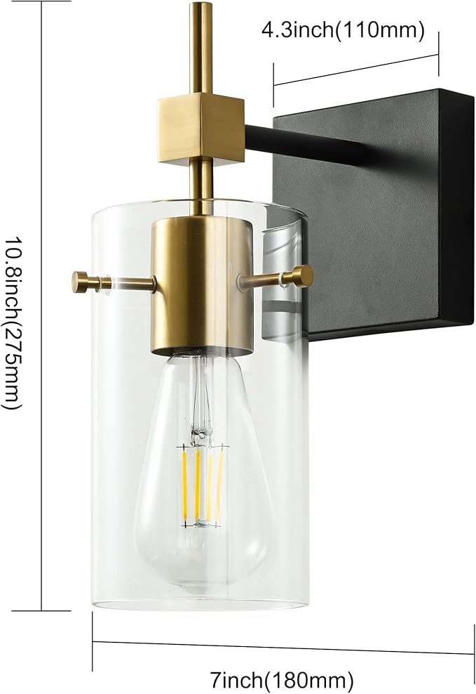 SOLFART 1 Light Vintage Vanity Light Bathroom Light Fixture Over Mirror for Bath Glass Shade Wall Light Black and Brass Lighting Fixture