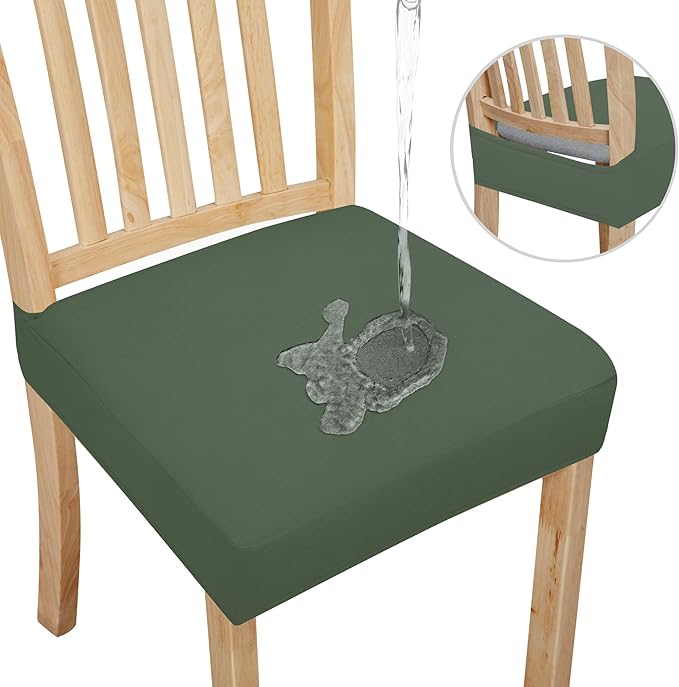Easy-Going 100% Waterproof Seat Covers for Dining Room Chairs Set of 4, Stretch Chair Seat Slipcovers Protector Removable and Washable Kitchen Dining Chair Covers, Grayish Green