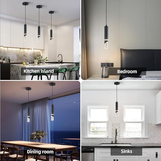 Modern Dimmable Led Pendant Lights Kitchen Island, Ideal for Living Room, Bedroom,Sink 6w LED Crystal Energy-Saving Hanging Lamp for Cozy Lighting (Black 3-Pack)