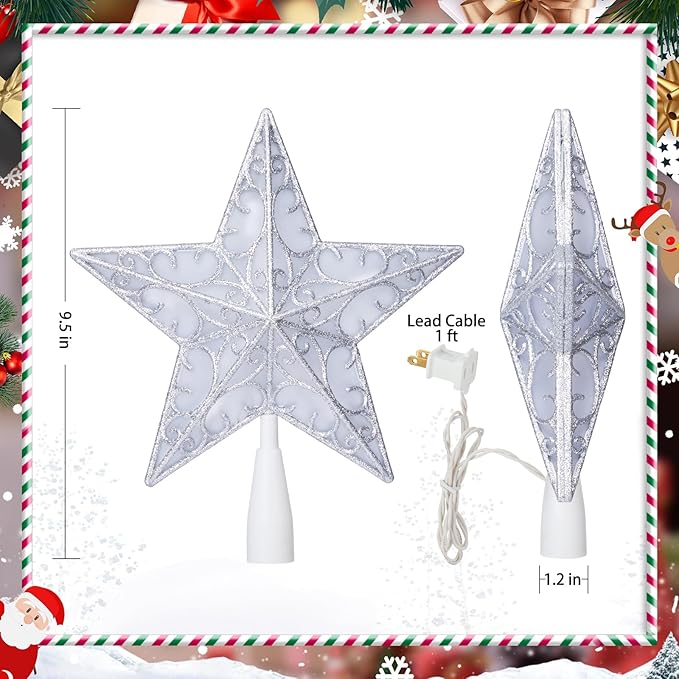 Christmas Star Tree Topper, Plug in Sliver Glittered 3D Star Tree Topper, Metal Hollow Designed Built-in 10 Bulbs String Lights for Indoor Christmas New Year Holiday Tree Decoration, White Base