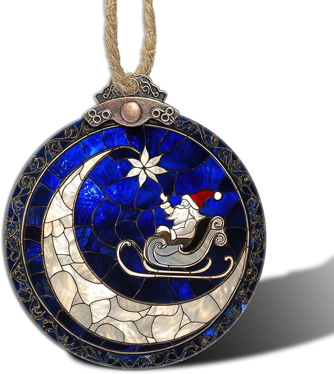 Stained Glass Christmas Decorations, Blue Starry Sky Moon Suncatcher for Window Christmas Tree Hanging Ornaments Santa Claus Sun Catcher Xmas Decor Gifts for Women Men Mom Nana Friend