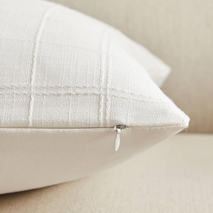 ZeeMart Linen Checked Throw Pillow Covers Set of 2, 20x20 Inch White/Natural White, Farmhouse Decorative Single Sided Grid Embroidered Couch Pillow Cases Cotton Linen Cushion Covers