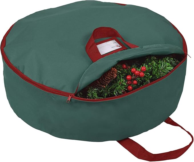 Primode Heavy Duty Christmas Wreath Storage Bag 24"- Garland Wreaths Container with Handles - Durable 600D Oxford Polyester Material Holiday Wreaths Storage Holder 24” (Green)