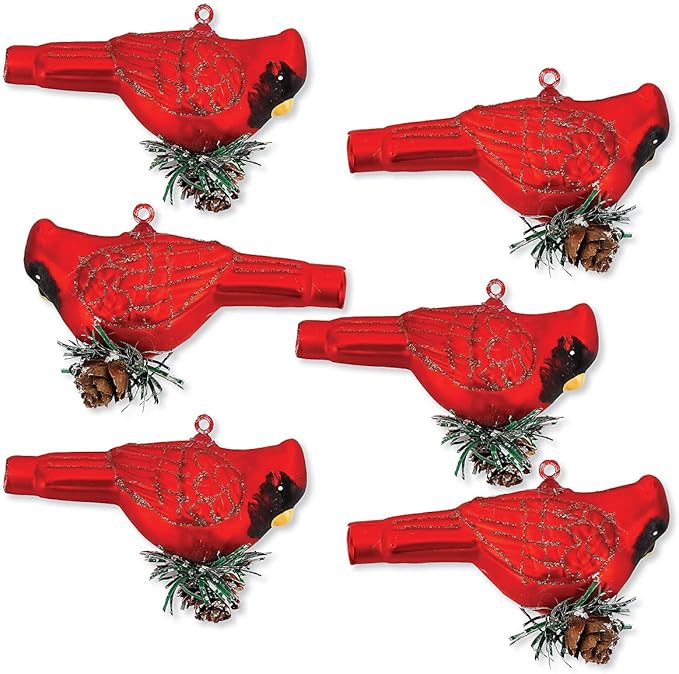 Cardinal Glass Christmas Ornaments - Set of 6, 3.5" x 2.25", Hanging Chrismas Tree Decoration Holiday Home Décor by Lillian Vernon