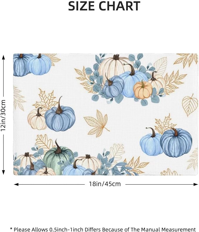 Fall Blue Pumpkin Placemats, Halloween Autumn Pumpkins Floral Golden Eucalyptus Leaves Harvest Plants Table Mats Placemat for Kitchen Dining Table, 4PCS