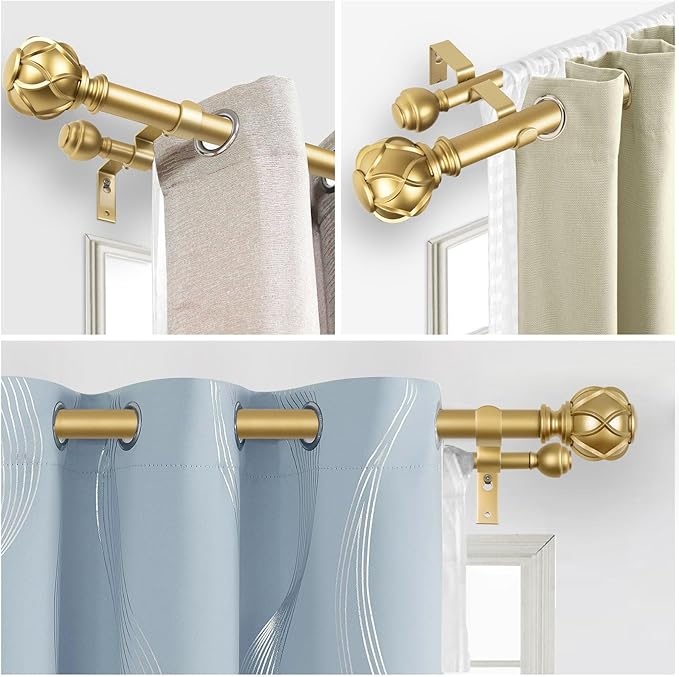 KAMANINA 1 Inch Double Curtain Rods for Windows 72 to 144 Inches (6-12 Feet)，Warm Gold Heavy Duty Double Curtain Rod, Telescoping Drapery Rod with Netted Texture Finials