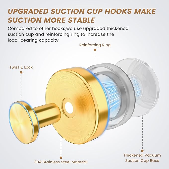 BKV Suction Cup Hooks for Glass Window,Removable Shower Hooks for Inside Shower,Metal Towel Hooks for Bathrooms,4 Pack(Gold)