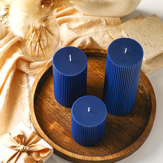 Ribbed Pillar Candles Set of 3, Width 3" High 4" 6" 8" Large Soy Wax Orchids Scented Pillar Candles Aesthetic Ribbed Modern Home Decor for Bathroom Living Room(Navy Blue)