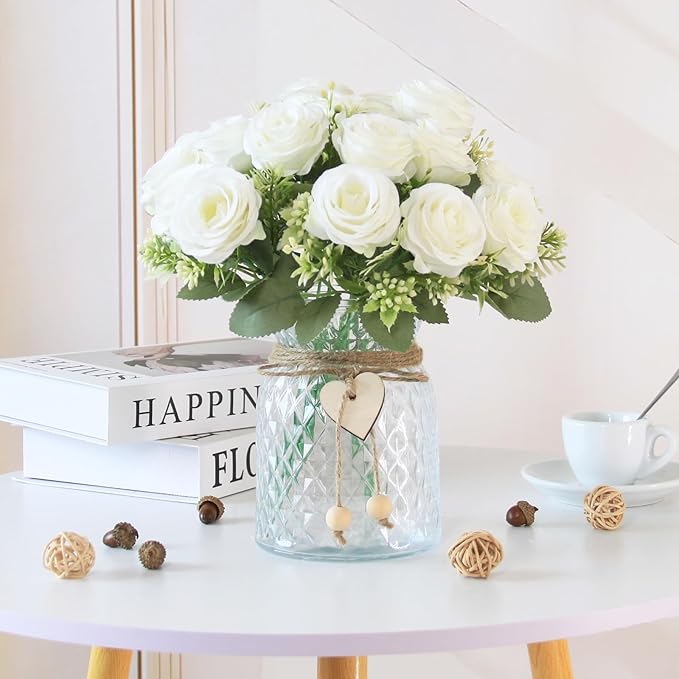 Faux Flowers in Vase,Fake Flowers in Vase 18 Pcs Faux Rose Flowers,Artificial Flowers for Home Decor, Indoor Centerpiece for Living Room & Dining Table (White)