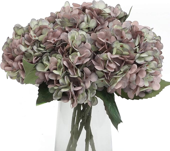 Kimura's Cabin 6pcs Fake Hydrangea Flowers Vintage Artificial Silk Hydrangea Bouquets with Stems Faux Hydrangeas for Wedding Party Home Table Core Decoration (Green Purple, Pack of 6)