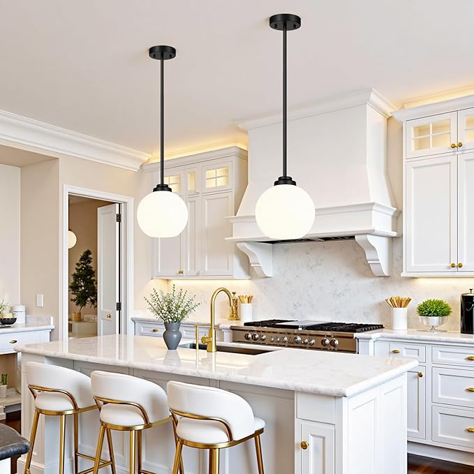 2 Pack 7.2-Inch Globe Pendant Lights, Mid Century Matte Black Pendant Light Fixtures, Globe Pendant Lights Kitchen Island with Milk Glass Shade Hanging Fixture for Dining Room Bulbs not Included