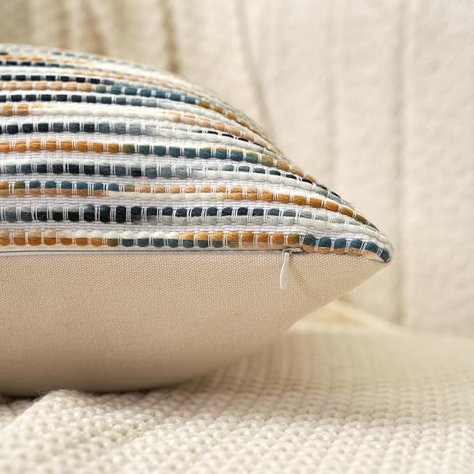 Aeckself Boho Striped Pillow Cover 18x18, Decorative Square Throw Pillow Cover Chenille Neutral Pillowcase for Couch Bedroom Living Room, Yellow Gray