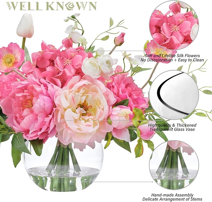 Artificial Flowers in Vase, WELL KNOWN Silk Hydrangea Bouquet and Peonies Artificial Flowers Table Centerpieces with Faux Water for Home Decor Fake Tulips Flower Arrangements for Table Decor (Fuchsia)