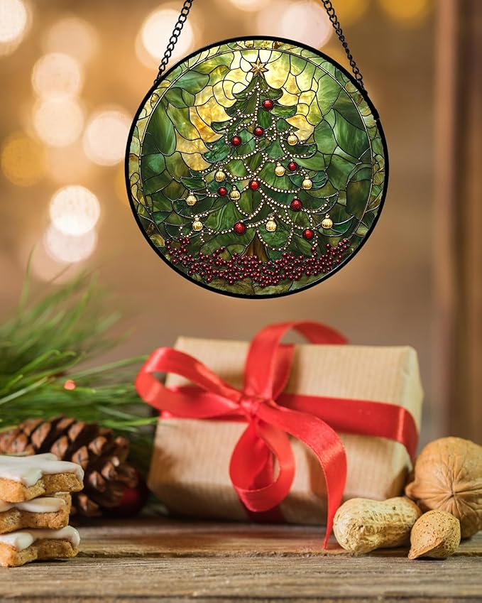 Stained Glass Window Hanging - Retro Green Christmas Tree Suncatcher for Doors Home Christmas Decoration Sun Catcher Thanksgiving New Year Birthday Gifts for Women Men Mom Nana 15 in