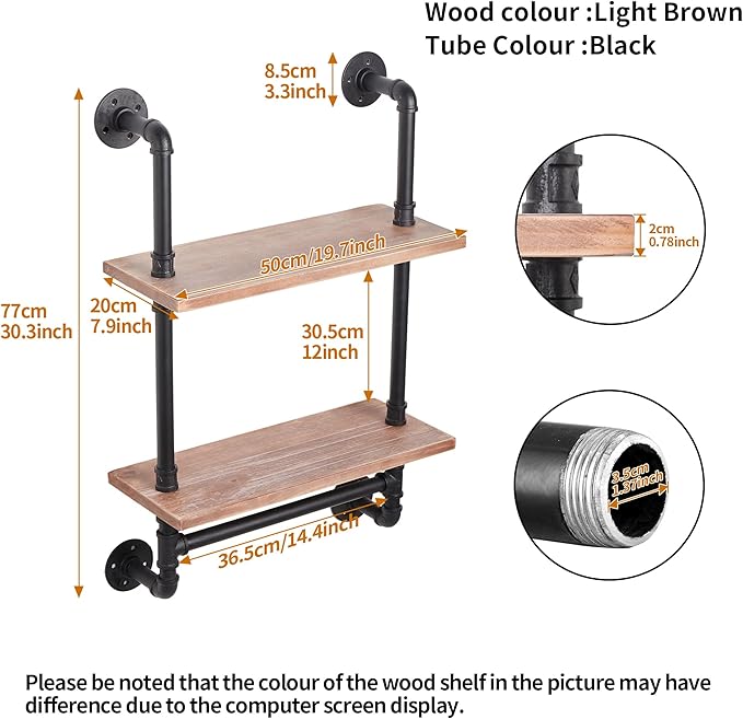 ROGMARS Industrial Pipe Shelf Floating Shelves Bathroom Pipe Shelving Farmhouse Bathroom Shelves with Towel Bar Towel Rack Over Toilet Industrial Shelf Rustic Wall Wood Shelves 19.7 Inch