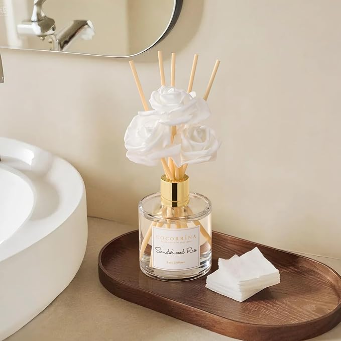 Cocorrína Reed Diffuser Set,6.7oz (200ml) Sandalwood Rose Scented Diffuser with 3 White Rose Foam Flowers & Cotton Sticks, Home Fragrance Reed Diffuser for Bathroom Shelf Decor