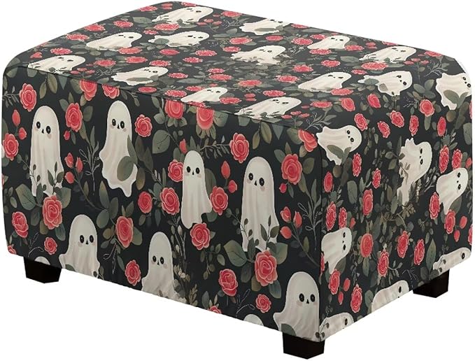 Halloween Rose Ghost Ottoman Cover - Scary Print Stretch Slipcover with Non-Slip Elastic Bottom, Fits Rectangular Storage Footstools, 33x30x15 Inch Holiday Party Decor