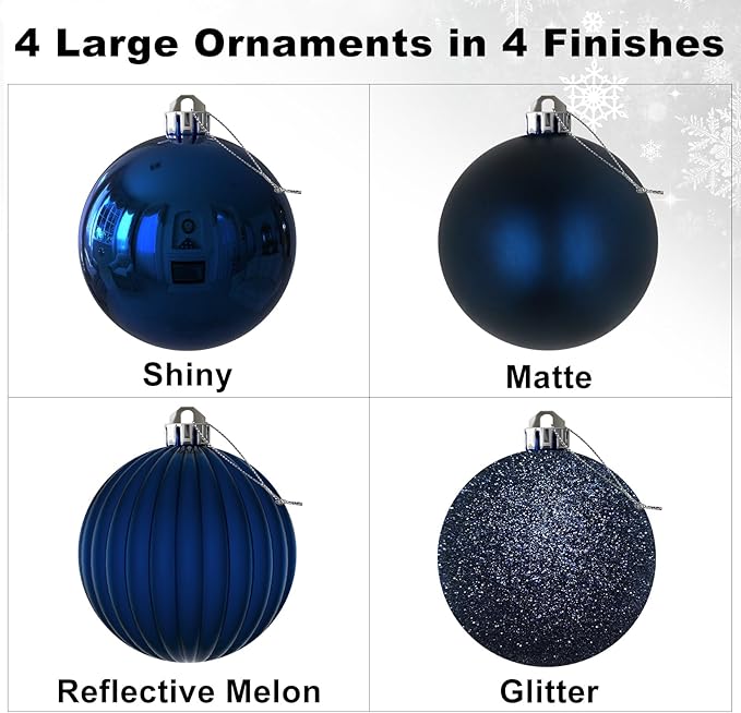 4Pcs Christmas Balls Ornaments for Xmas Tree - Shatterproof Christmas Tree Decorations Medium Hanging Ball Navy Blue 4.0in x 4 Pack