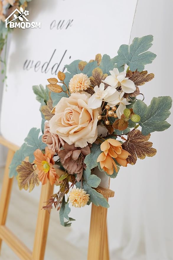 Wedding Welcome Signs Floral(Pack of 2)，Wedding Arch Flowers for Wedding Decorations and Reception Backdrop Decoration(New Coffee)