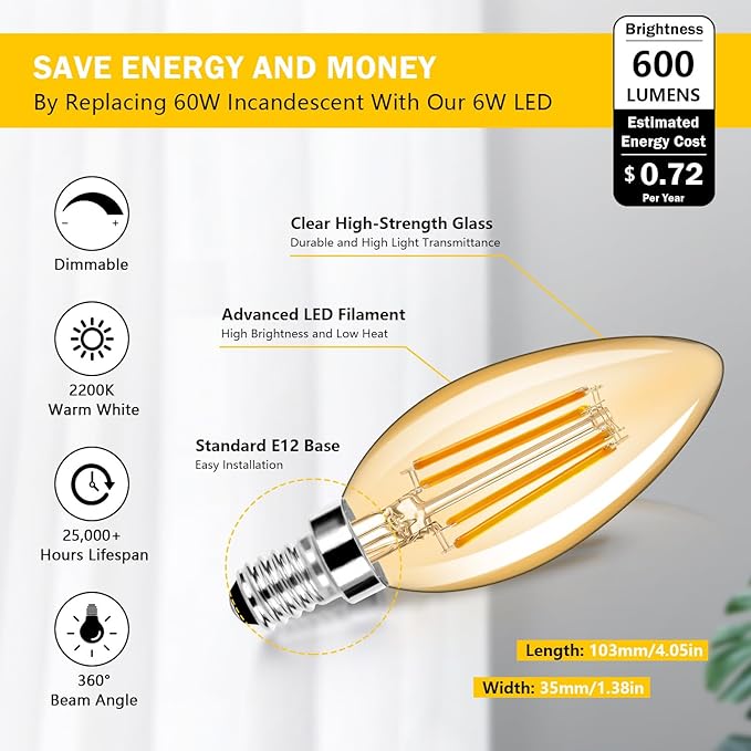 24-Pack Dimmable E12 LED Candelabra Bulbs 60W Equivalent, 2200K Soft Warm White, 600 Lumens B11 Candle Base 6W C35 LED Filament Vintage Light Bulbs, Amber Glass for Chandelier Ceiling Fan High CRI 90+