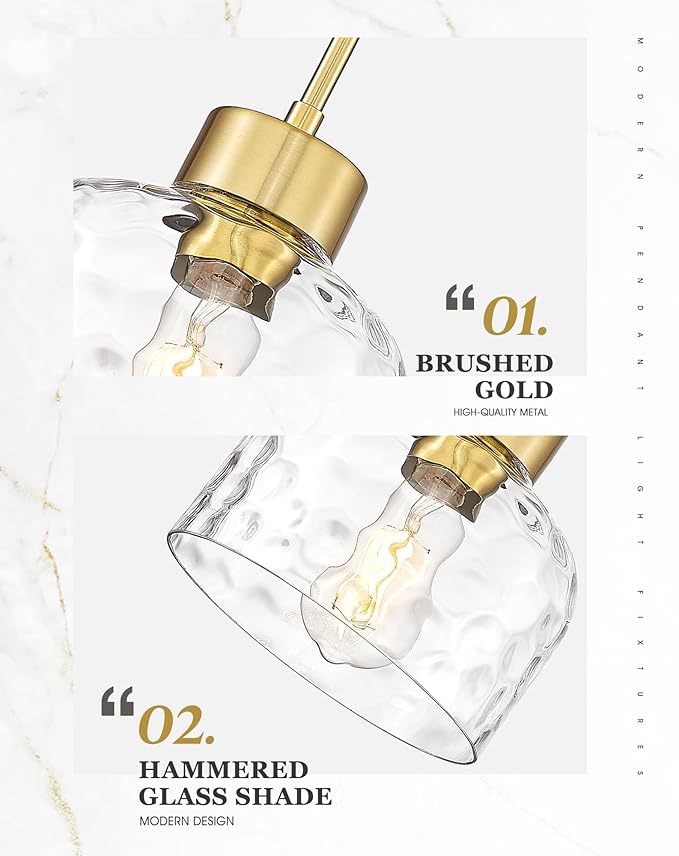 2-Pack Pendant Lights Kitchen Island, 8" Brushed Gold Hanging Light Fixtures with HHammered Glass, Modern Brass Kitchen Pendant Lighting Over Island for Dining Room, AD-24024-1P2L-GD-H