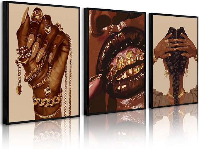 Pouydmi Black Girl Wall Art African Woman Canvas Wall Decor Black Women People Art Painting Gold Fashion Poster African American Girl Pictures for Bedroom Living Room 12x16x3 Inch Unframed