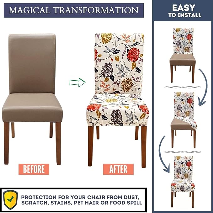Stretch Chair Covers Slipcovers Set of 6 Printed Stretchable Dining Chair Slipcover Washable Removable for Kitchen,Hotel,Restaurant