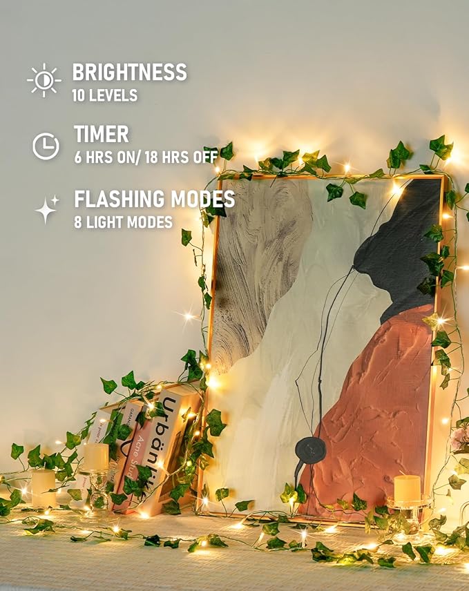 JMEXSUSS 100 LED Vines with Lights Plug in, Ivy Vines with Fairy Lights with Remote, 33 FT Leaf String Lights Waterproof for Room Bedroom Wall Fireplace Christmas Decoration（Warm White）