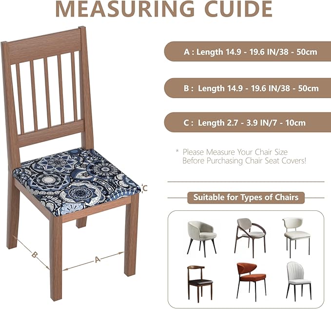 Stretch Dining Chair Seat Covers Set of 6,Dining Chair Slipcovers, Floral Printed Chair Covers,Soft Fabric Washable Upholstered Chair Seat Protector, No Rear Covers for Home Kitchen Dining Room