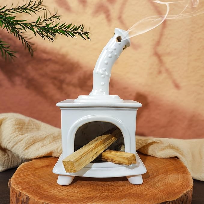 Handmade White Ceramic Fireplace Palo Santo Holder &Sage/Cone Incense Dish for Energy Cleansing Zen Meditation Altar Decor for Yoga Spa | Mindfulness Aromatherapy Gift for Women Anxiety Relief