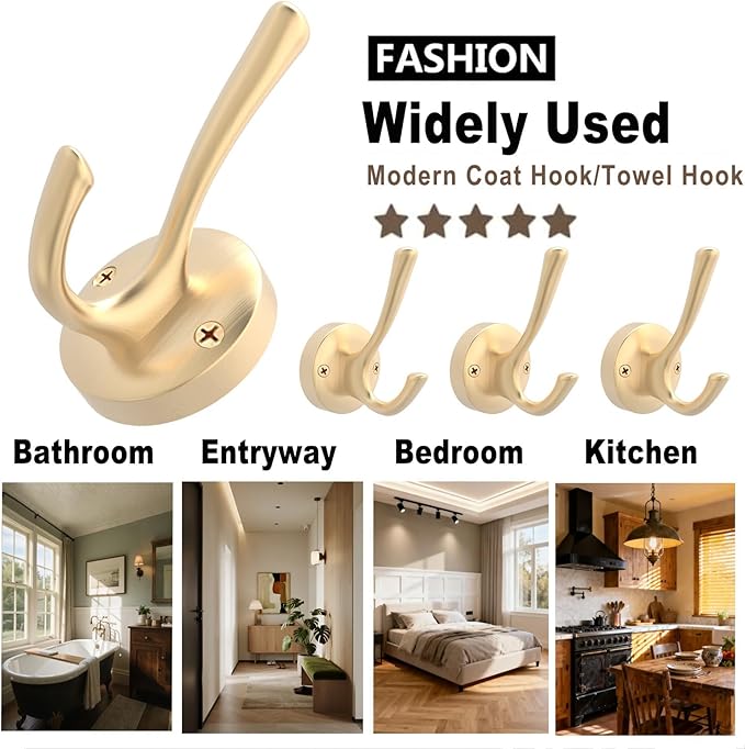 Gold Wall Hooks, 6 Pack Coat Robe Hook Heavy Duty Metal Double Bath Hook Wall Mounted, Hand Towel Hooks for Cubicle Bathroom Kitchen Closet Garage