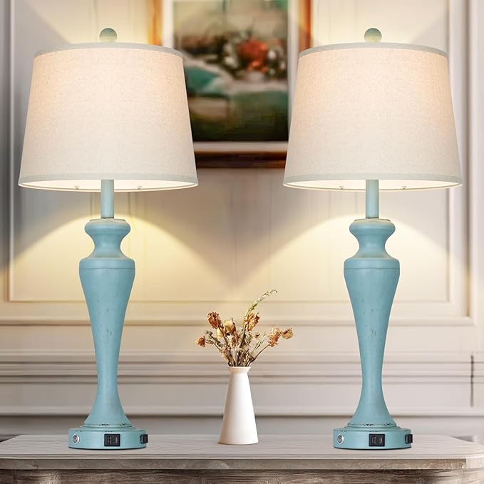 30" Blue Table Lamps Set of 2, Touch Control Farmhouse Living Room Lamp with USB A+C Ports and AC Outlet, 3-Way Bedside Lamps for Nightstand, Vintage Bedroom Lamp, 2 Bulbs Included