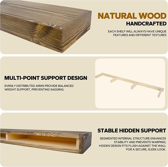 Floating Shelves 3 inch Thick for Wall Set of 2,Solid Pine Wood Wall Mount Shelf for Kitchen Living Room Bedroom Bathroom,8" D x 48" L x 3" H-Black Walnut