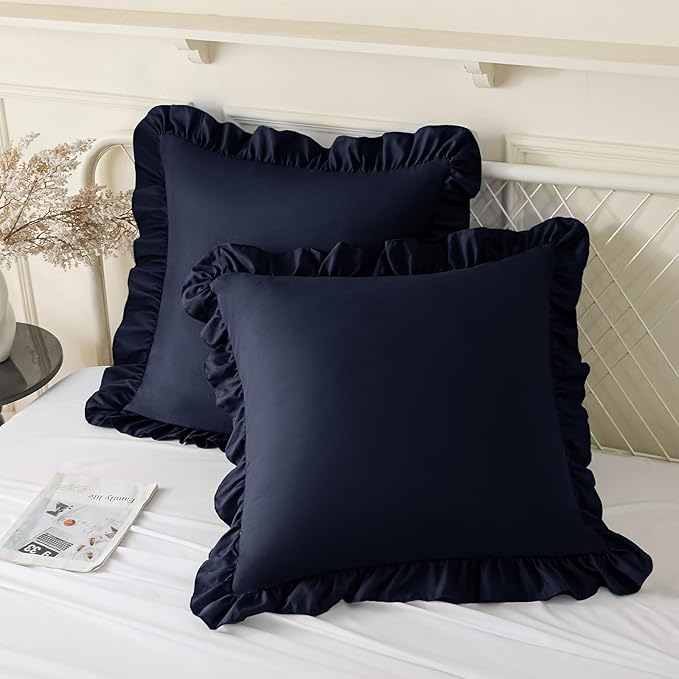 KKJIAF Ruffle Pillow Cases 18x18 Inches, Navy Blue Square Ruffled Pillow Covers Set of 2, Microfiber Wrinkle Resistant Pillow Shams with Envelope Closure for Sofa Bed Living Room