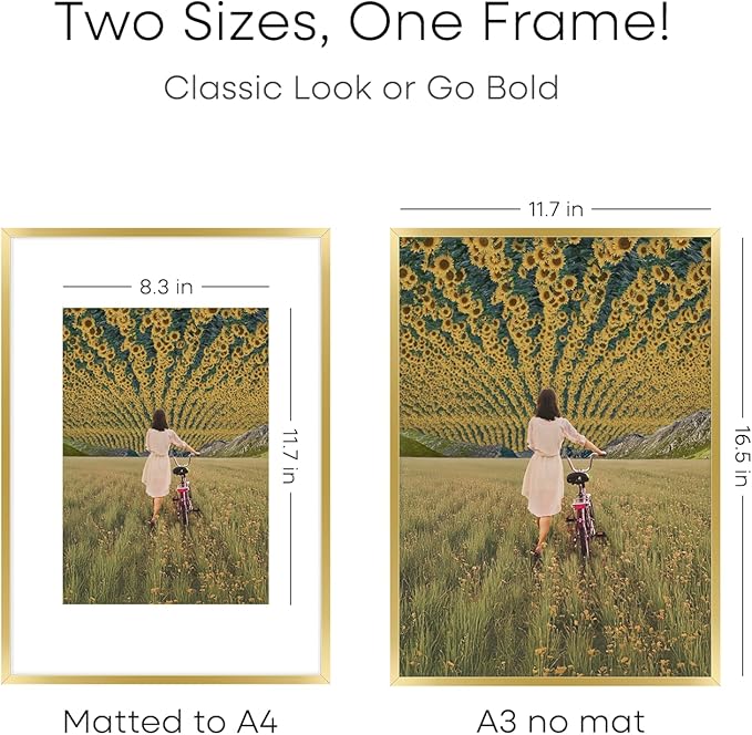 Homeforia A3 Picture Frame Gold, High End Metal 11.7 x 16.5 inch Poster Frames with Mat 8.3 by 11.7 for Photo, A3 Size Frames Matted to A4 Print, 11.7x16.5 Wall Hanging Frame, Tempered Glass, Set of 2