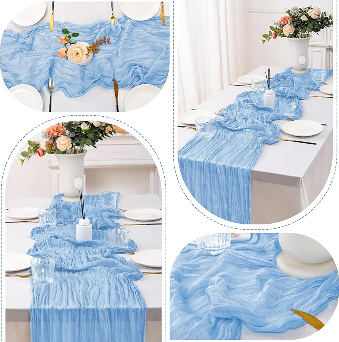10 Pack Baby Blue Cheesecloth Table Runner,10FT/120 Inch Boho Gauze Fabric Table Runner,Rustic Sheer Light Blue Cheese Cloth Runner Bulk for Wedding,Bridal Baby Shower,Birthday Party,Table Decor