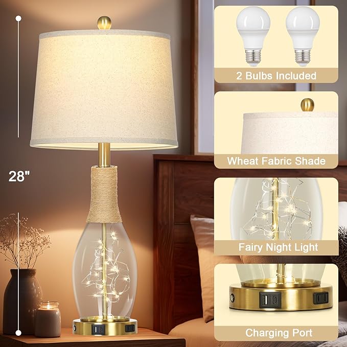 28" Boho Table Lamps Set of 2, Coastal Glass Lamps with USB A+C Ports and Outlet, Nautical Beach Bedside Lamp for Living Room Bedroom Night Stands(2 LED Bulbs Included), Gold