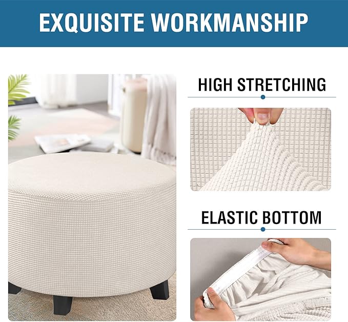 H.VERSAILTEX Ottoman Cover Stretch Ottoman Slipcover Round Ottoman Storage Cover Folding Stool Covers Furniture Protector Cover for Footrest Ottoman Fit Dia 30" - 41", Ivory