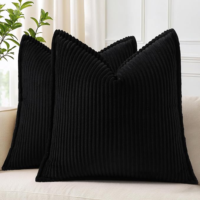 decorUhome Corduroy Black Throw Pillow Covers 22x22 Set of 2 Decorative Soft Boho Farmhouse Euro Couch Pillow Covers for Living Room Bed Sofa Broadside Striped Pillow Cases