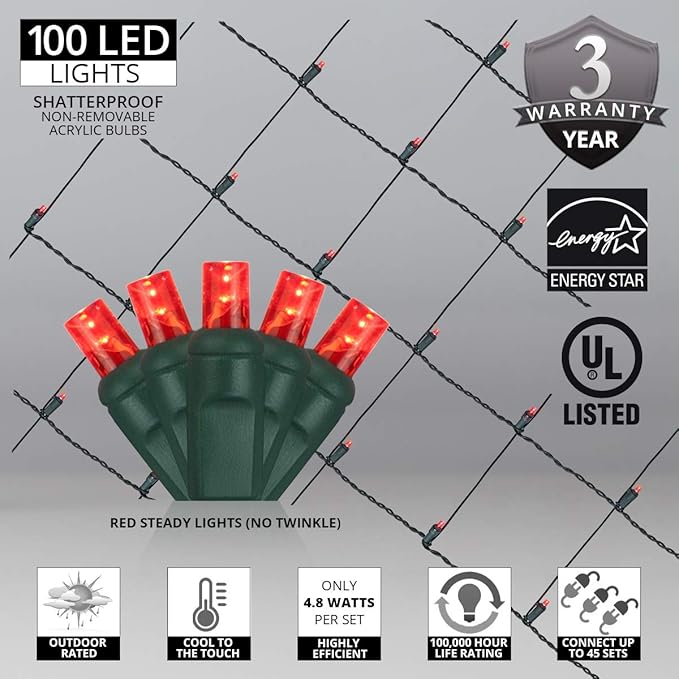 Wintergreen Wintergreen Lighting Set of 100 LED Red Net Lights Outdoor Christmas Decorations, Green Wire (4 x 6 ft, 5mm Lights, Red)