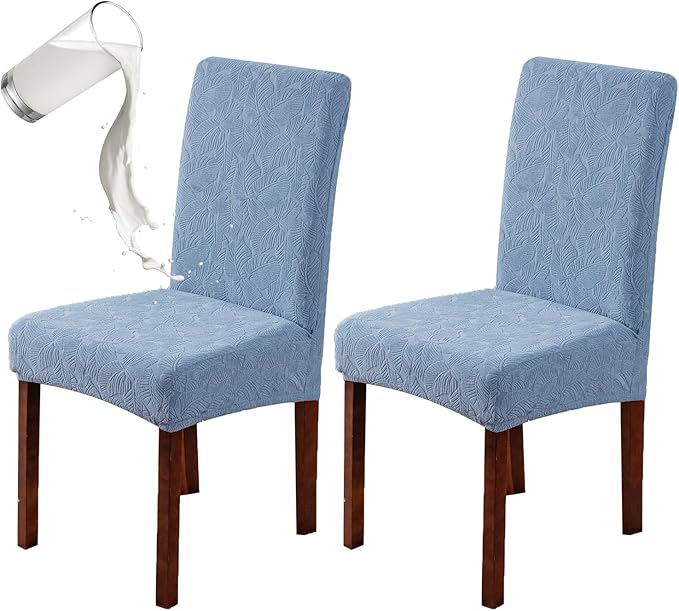 Genina 100% Waterproof Dining Room Chair Covers Set of 2 Stretch Kitchen Chair Covers Parsons Chair Slipcovers for Dining Room Chair Protector Cover, Removable, Washable (Leaf Pattern-Light Blue)