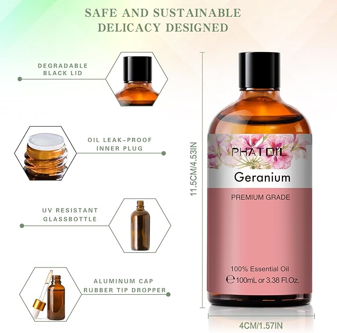 Geranium 3.38fl.oz Essential Oil, PHATOIL Aromatherapy Essential Oils for Diffuser, Humidifier, Perfect for DIY Soap, Candle, Bath Bombs Making(100ml)