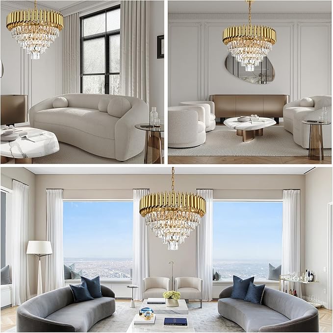 11-Light Modern Round Crystal Chandelier Lights, 5 Tiers Luxury Pendant Ceiling Light, 23.6" Crystal Chandeliers Lighting for Dining Living Room Kitchen Island Bedroom Foyer Hallway (Gold)