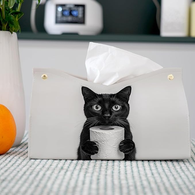 Cute Black Cat Leather Tissue Box Cover for Bathroom Decor,Fun Cat Toilet Paper Box Holder,Funny Decorative Facial Paper Case for Living Room Bathroom Office Desk,9.8x5.9x5.9In