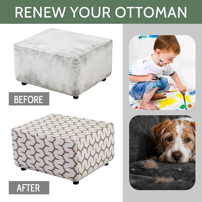 HAOYONG Ottoman Cover Square, Stretch Ottoman Slipcover Printed, SoftFoot Stool Cover Protector with Nonslip Elastic Bottom Removable Washable