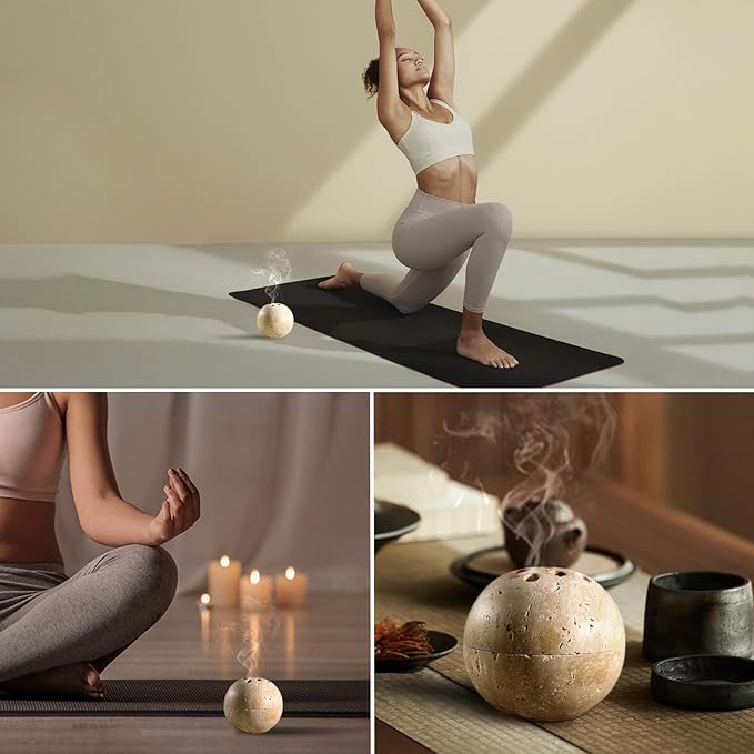 Koville Natural Travertine Incense Burner, Stone Incense Holder for Cone/Balsam Fir/Palo Santo/Sage, Handmade Sphere Marble Incense Burner for Meditation Yoga SPA Relaxation, Home Decor(Beige)
